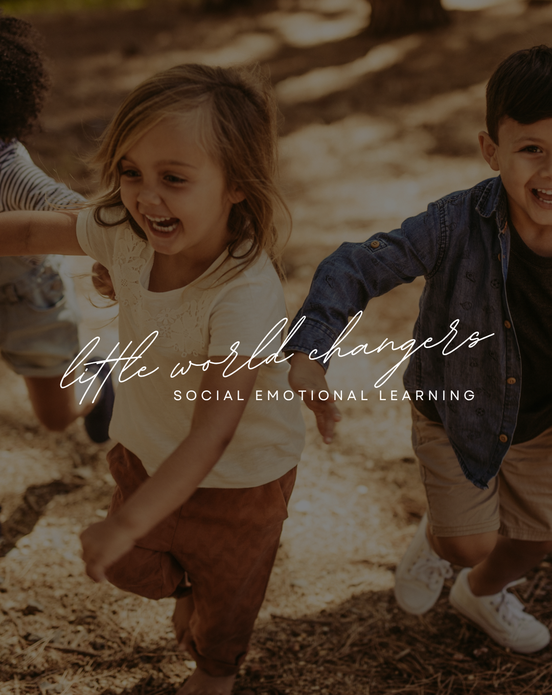 Three children running through a sunlit yard, laughing — Little World Changers.