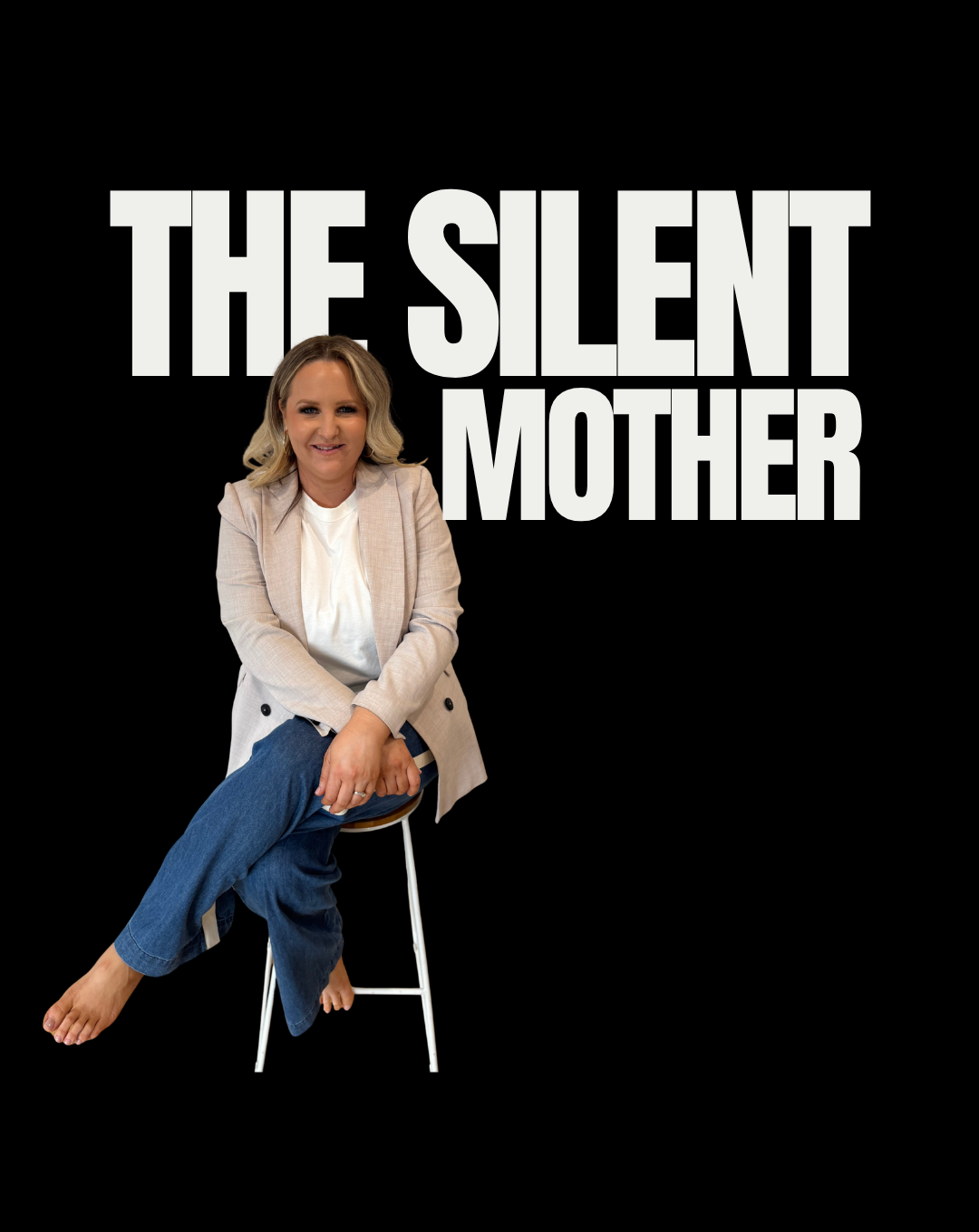 The Silent Mother wordmark with Hayley seated barefoot on a stool.